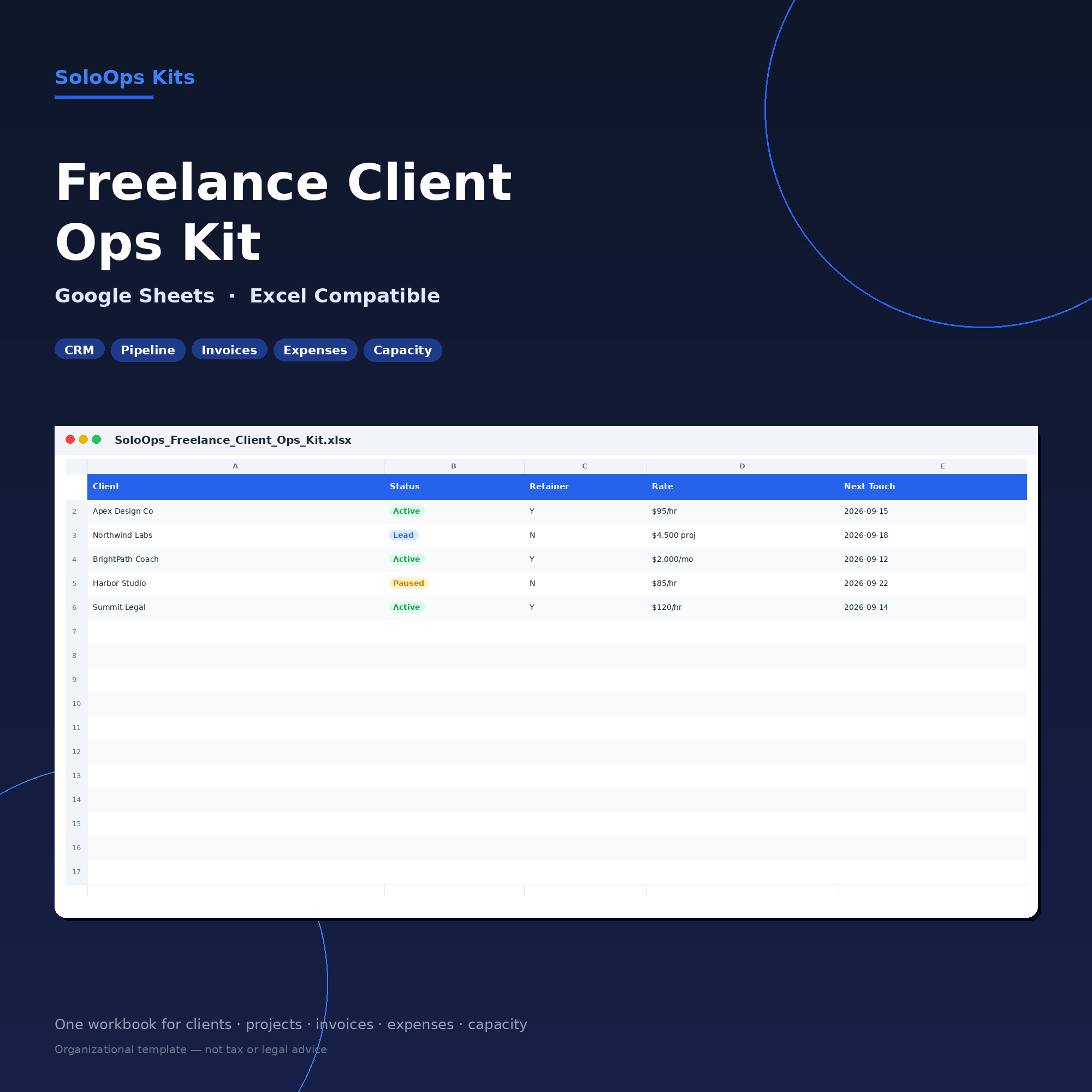 Freelance Client Ops Kit hero showing CRM, pipeline, and invoice chips in Google Sheets