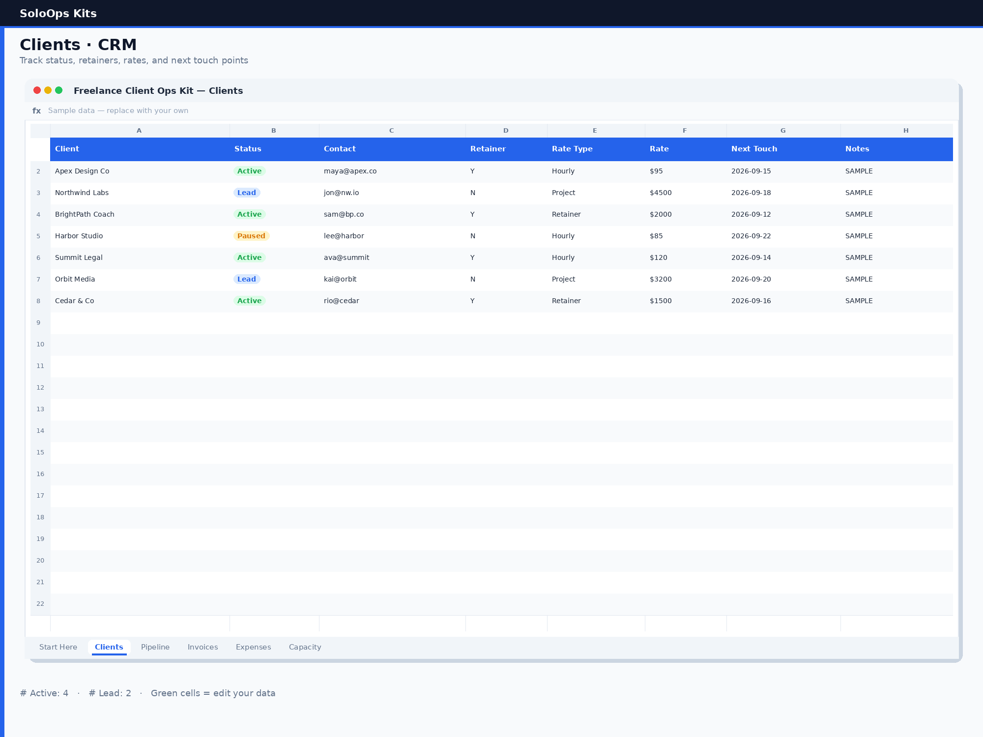 Client CRM tab sample in SoloOps Freelance Client Ops Kit